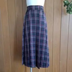 【美品】ネイビー系チェック プリーツロングスカート ウエストゴム