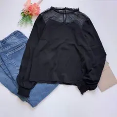 i138　GRL レース切替 ブラウス M 黒 シャーリング袖 長袖