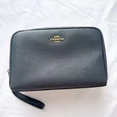 COACH ブラックレザー ポーチ 中型 ゴールドロゴ ファスナー