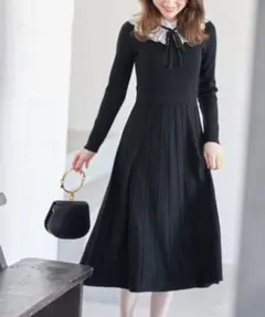 tocco closet リボン×フリルレース襟付きニットワンピース ブラック