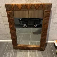 古雑貨ビンテージ品◾️籐ラタンパネル 壁掛けミラー ウォールミラー 鏡 ラタンミラー ミラー 鏡 姿見 壁掛け ウォールミラー 丸型 円型