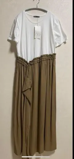 ZARA ☆カットソーワンピース 半袖 ホワイト/ブラウン新品