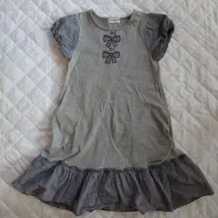 ポンポネット　リボン付きグレーコットンワンピース