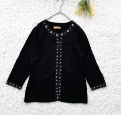 元町ゼラール　ビーズ装飾カーディガン　七分袖　L 黒　羽織　薄手　春　大人可愛い