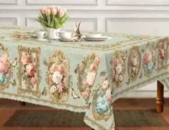 スモーキーグリーンのヴィクトリア調の雰囲気漂う、バラのテーブルクロス:大判サイズ