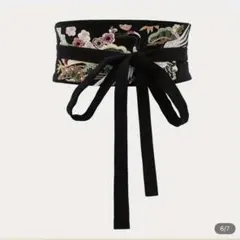 黒色　和風サッシュベルト　刺繍帯ベルト　着物ベルト　和装ベルト　和風刺繍ベルト