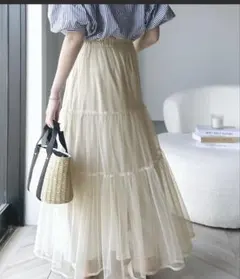 7.31まで✩.*˚アイボリー チュールレイヤードティアードロングスカート