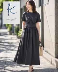 KUMIKYOKU ロングワンピース フレア ポンチ素材 半袖 ブラック 1