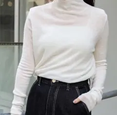 MONO-MART 2トーンシアー ルーズスリーブ ハイネックニット　ホワイト