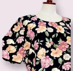 vintageヴィンテージワンピース総柄花柄プリーツ切替レトロヨーロッパ海外古着