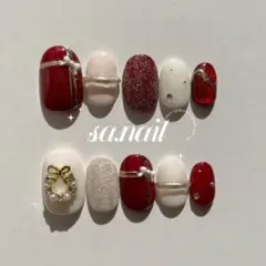 サイズオーダーネイルチップ　クリスマスネイル　ボルドー　リボン　no.65