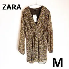 【新品タグ付】ZARA 花柄ワンピース M フレア 長袖 ブラック系 フラワー