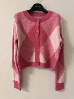 【美品】春先_ダイヤモンド柄ピンクカーディガン