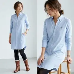RALPH LAUREN ロングシャツワンピース ポニー刺繍 ピケ生地 S 水色