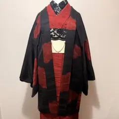 NEW】 美品♡ 個性的 大胆柄 濃紺に赤とシルバーのかっこいい柄 紗の夏
