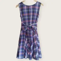 値下げ！【美品】ユニバーバルミューズ 膝丈ワンピース チェック 青 ノースリーブ