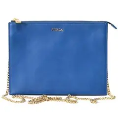 FURLA フルラ　ショルダーバッグ　青レザー　金色チェーンストラップ付