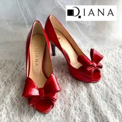 未使用級✨️ DIANA レッド 赤 リボン オープントゥパンプス ピンヒール