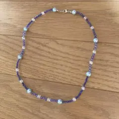 ハンドメイド　ビーズネックレス　青系