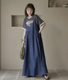 coen コットンレーヨンデニムキャミワンピース　ネイビー　M