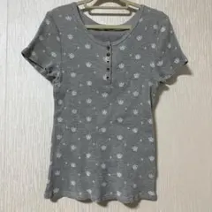 B.L.U.E レディース　半袖ワッフルTシャツ プリントグレー　サイズ2(Mのサムネイル
