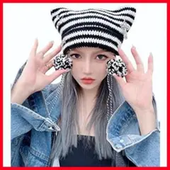 Bg3 猫耳ニット帽 猫耳帽子 ストライプボンボン サブカル系 y2k 地雷系