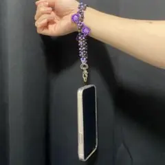 〖スマホストラップ〗 一点物 黒 紫 花 個性的