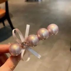 パール風 4連 リボン バレッタ ピンク 上品 ヘアアクセサリー