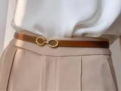ゴールドバックル ウエスト細ベルト ブラウン レディースベルト 本革 新品