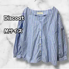 N0252　ディスコート　ストライプシャツブラウス　Vネック　ブルー　M
