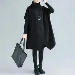 チュニック ワンピース ニットワンピ タートルネック 斜めスリット 大きなサイズ