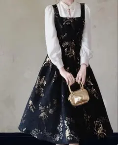 花柄刺繍 ワンピース 黒 新品未使用　織金ワンピース　織錦　中華風　ロリータ