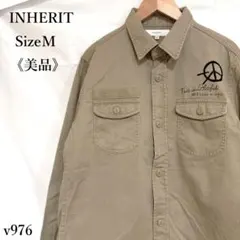 【美品】インヘリット 長袖ワークシャツ ミリタリー 刺繍 ロゴ ピースマーク M