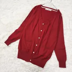 【アフタヌーンティー・ワードローブ】Vネックカーディガン✨赤 38 M ウール混