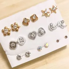 【M73】樹脂ピアス9ペア☆シルバー＆ゴールド＆ラインストーンセット