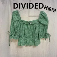 H&M DIVIDED ギンガムチェック ブラウス ショート丈 パフスリーブ 緑