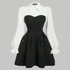 ワンピース リボン 紐 ブラック ホワイト シャツ ドレス パーティ ミニ