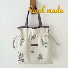 【ハンドメイド】花柄刺繍生地の巾着バック　パープル