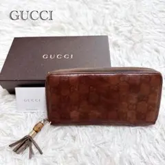 GUCCI シマ バンブー 長財布 ラウンドファスナー グッチ 本革 フリンジ