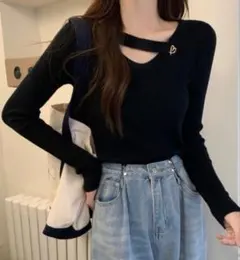 Miniministore ニットセーター Vネック リブニットトップス 秋 黒のサムネイル