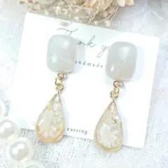016 小ぶり グレーマーブル 透かし雫 ピアス イヤリング ハンドメイド 