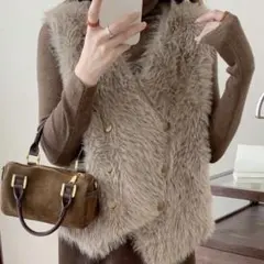 【美品】SHEIN、Vネック、ベスト、ファーベスト、ブラウン、Sサイズ