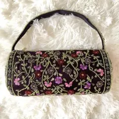花柄刺繍 ビーズ ハンドバッグ 円筒型　パーティーバッグ