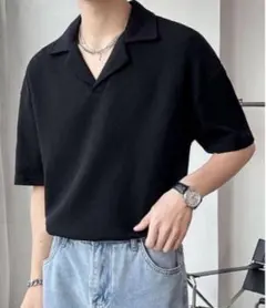 オープンカラーシャツ ワッフルポロシャツ ブラック