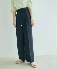 【本日限定値下げ】リネンライク ハイウエストワイドパンツ ネイビー