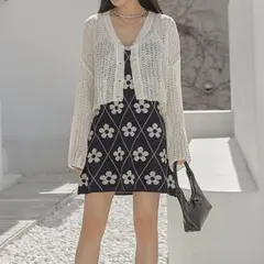 amood ニットキャミワンピース　花柄　森ガール　ブラック　韓国