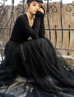 美品☆JENNEジェンヌ　ドットチュールスカート　ブラック　リボン　フリーサイズ