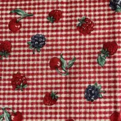 果物刺繍の赤いチェック綿生地 約50×19 20×13