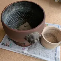 骨董・時代物】青銅製 火鉢 * 木製台座付き瓶掛手あぶり 鉢カバー