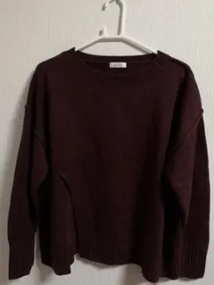 LOWRYS FARM　ニット　スリット入り丸首セーター　茶系フリー